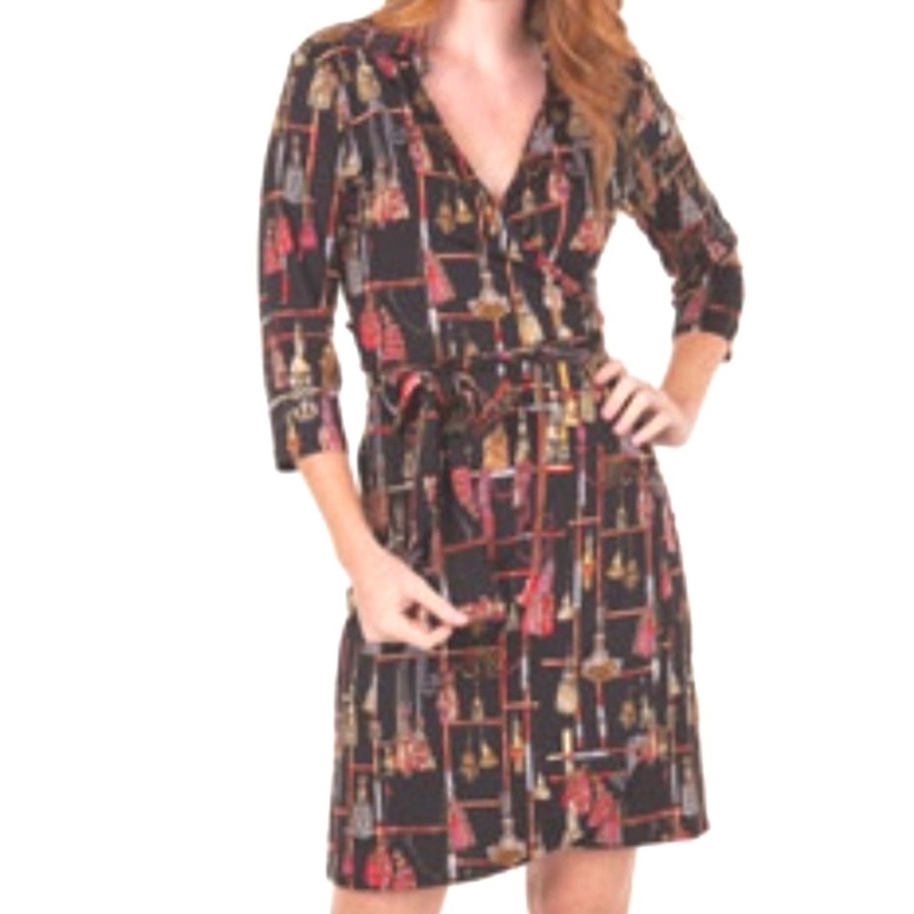 Tracy Negoshian black multi-color equestrian tassel print‎ wrap dress XS Black